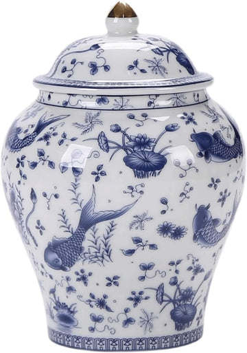 Large Ginger Jar with Lid Ceramic Storage Jar Chinoiserie vase Floral and Fish Tea Storage Blue and White Ginger