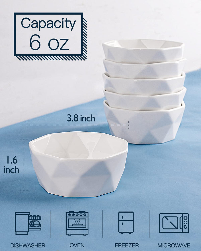 6 Oz Porcelain Set of 6, Geometric Creme Brulee Oven Safe, Souffle Dishes for Baking Dessert Ice Cream Snack, Small