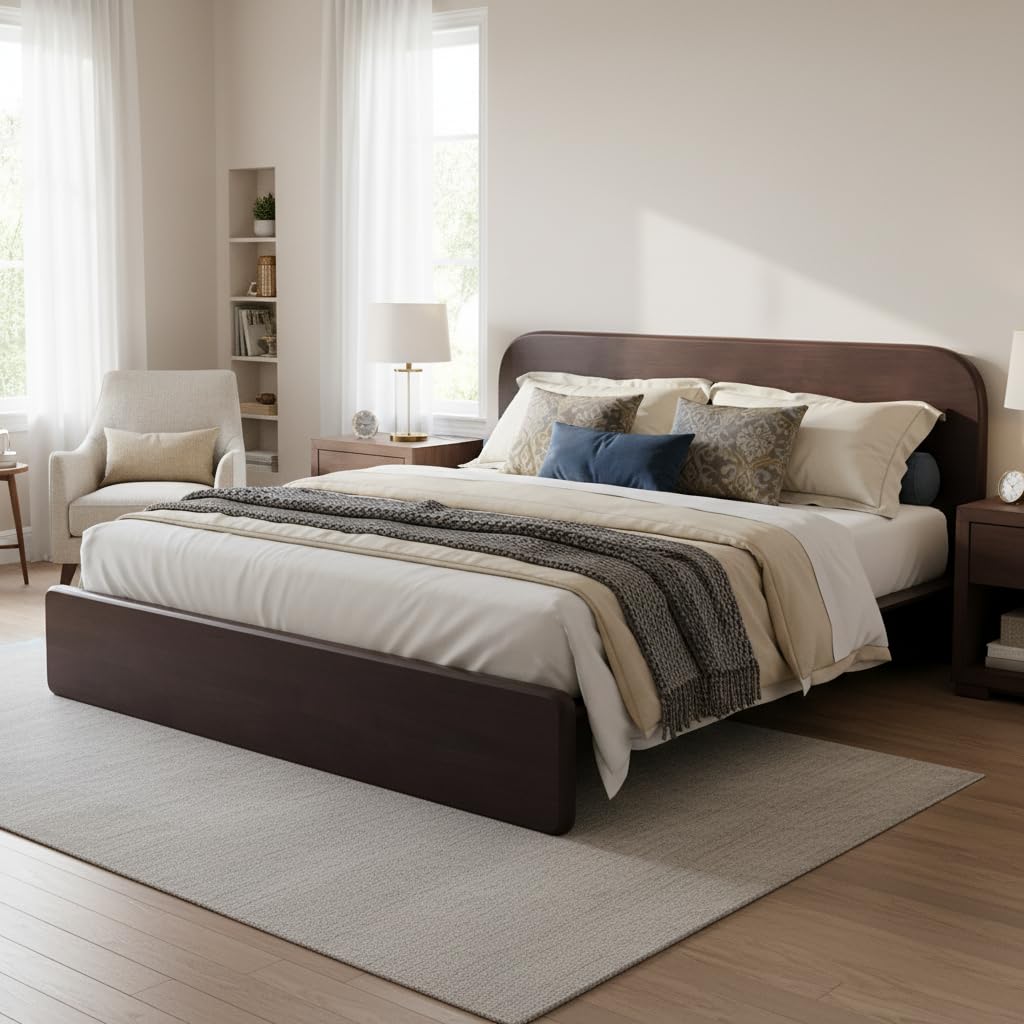 King Walnut Platform Bed with Rounded Headboard