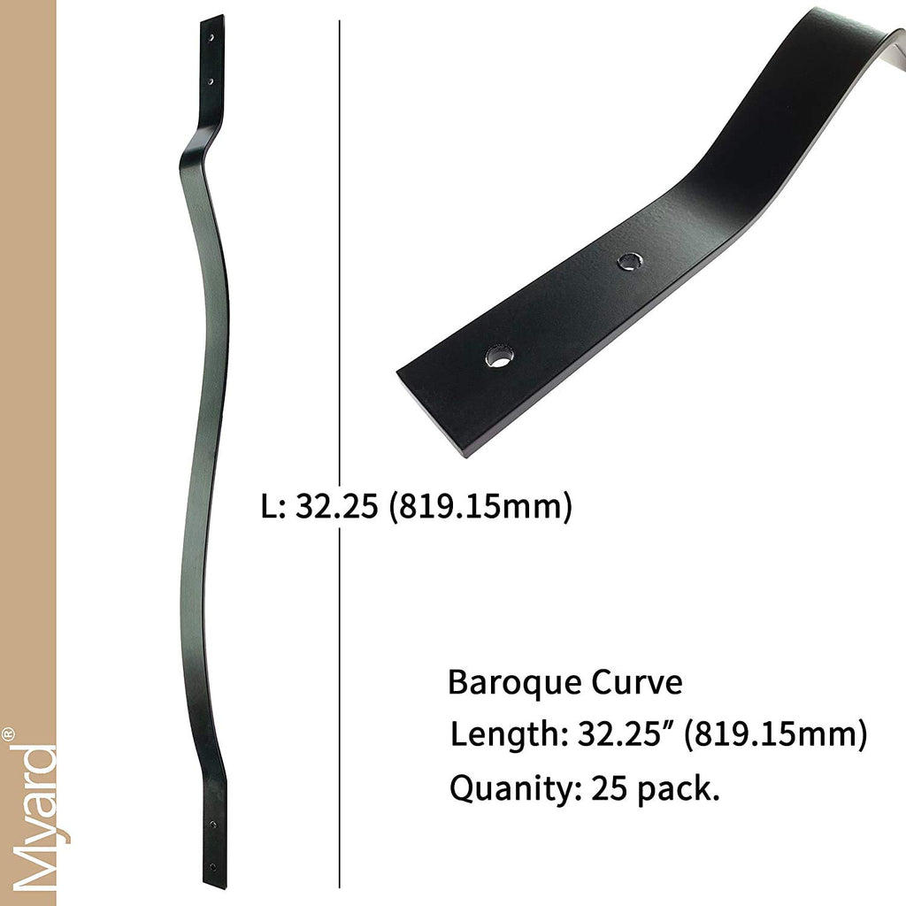 32-1/4 Inch Iron Deck Balusters, Baroque Wrought Style, Matte Black