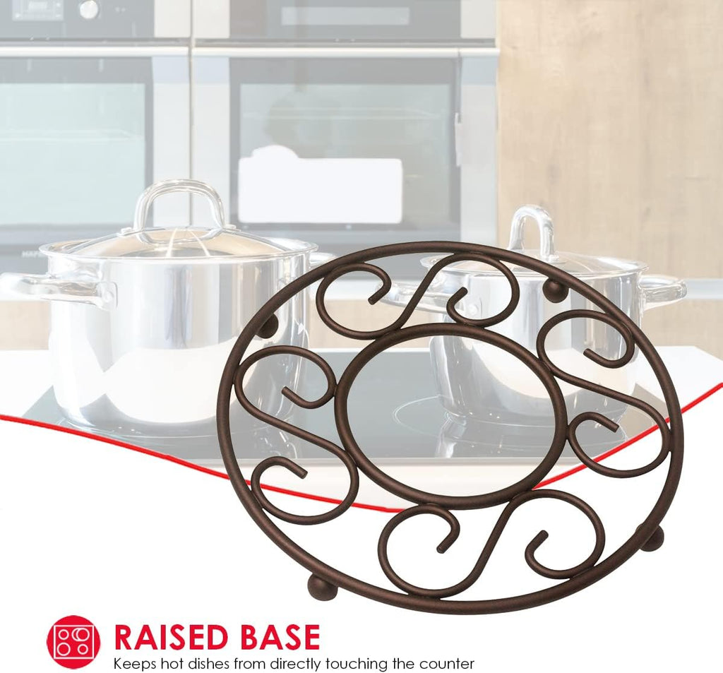Scroll Collection Steel Trivet for Hot Dishes, Pots And Pans, Round Design & Dinning Table, Bronze