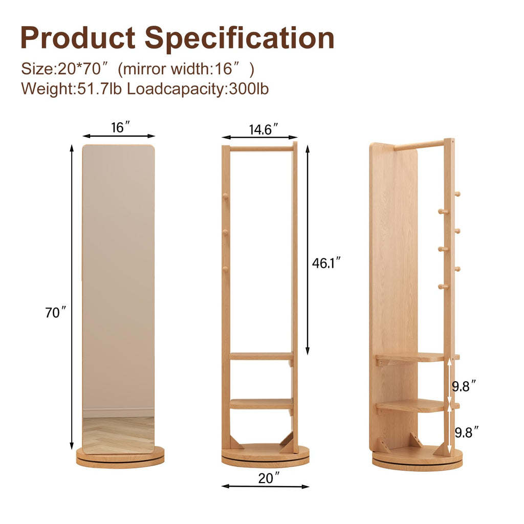 Solid Wood Rotary Full Length Mirror Coat Rack, 69" x 20" Oversize Standing Mirror Full Length, Floor Mirror (Natural)