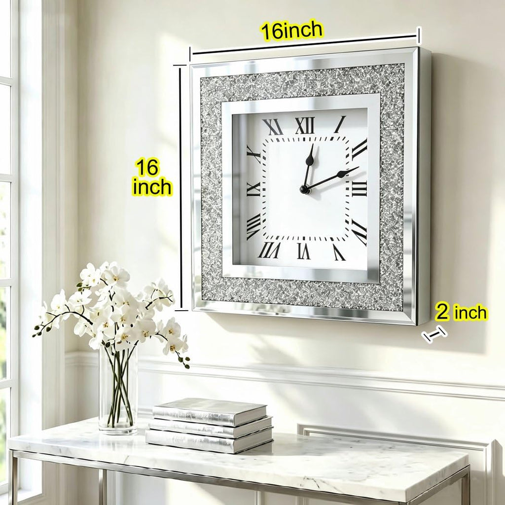Crystal Crush Diamond Mirrored Square Wall Clock with Sparkle Twinkle Bling Diamond Decor for Wall Decoration, 16x16