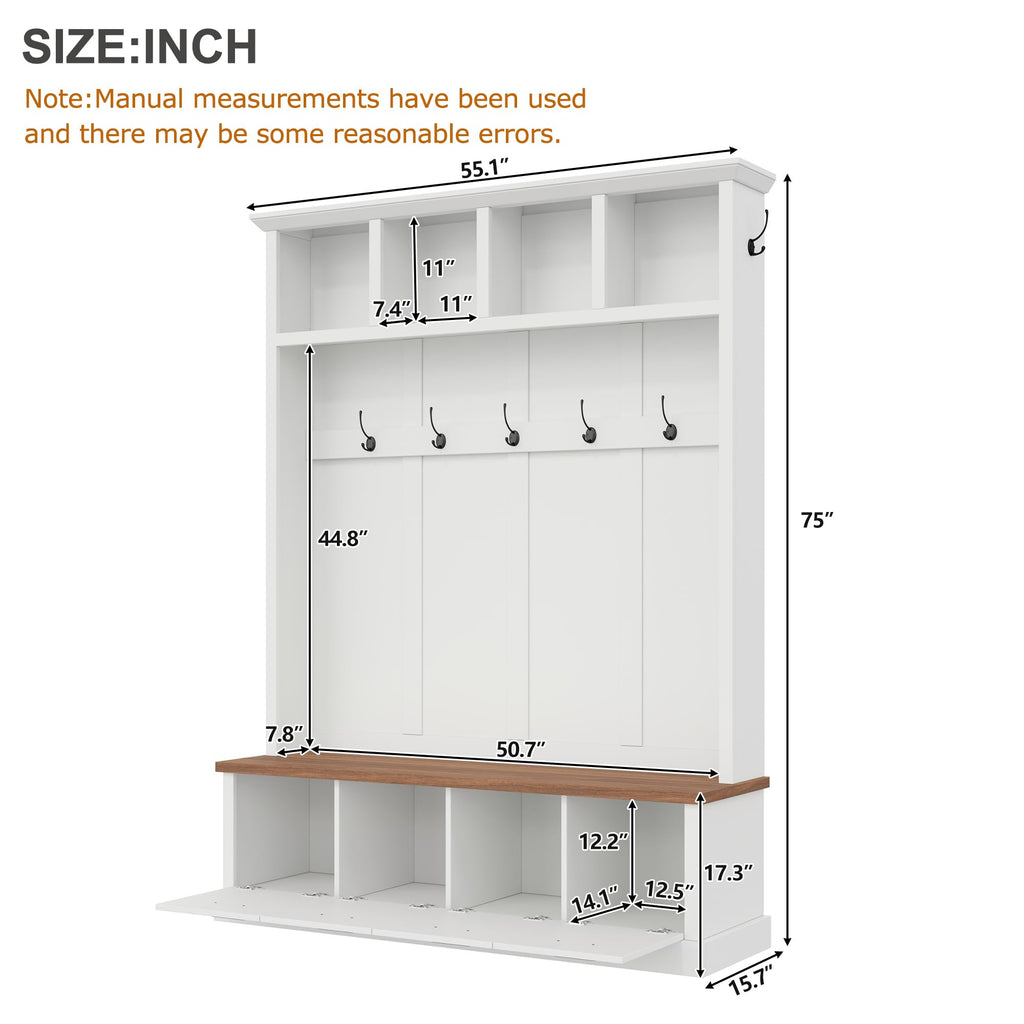 Farmhouse Hall Tree with Storage Bench, Mudroom Coat Rack with 6 Hooks, Modern All-in-One Entryway Organizer with