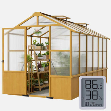 6×12 FT Walk-in Wooden Greenhouse with Adjustable Roof