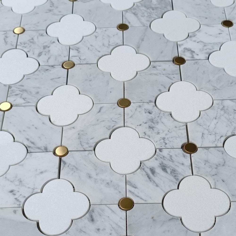 Thassos White Carrara White Marble Quatrefoil Four-Leaf Four-Lobed Clover Flower Mosaic Tile w/Brass Dots Honed