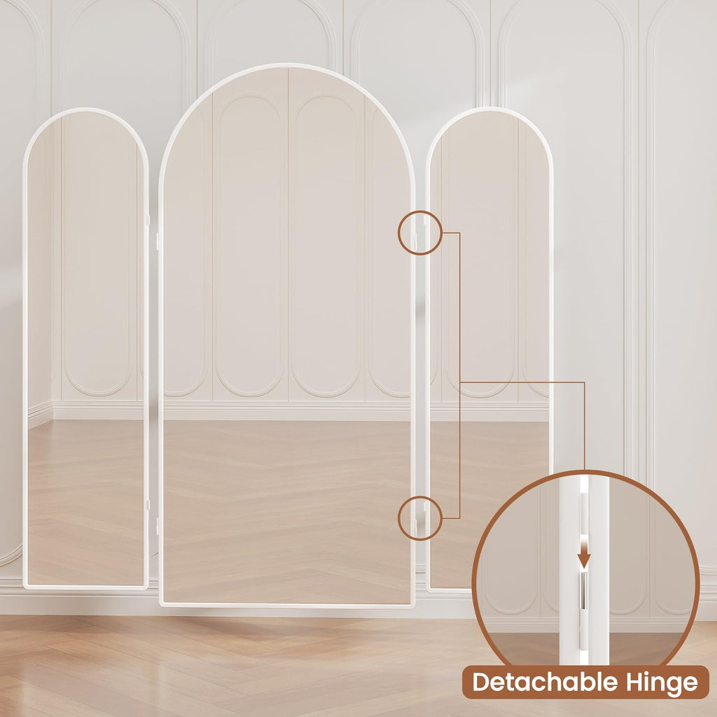 3 Way Arched Full Length Mirror Free Standing, 71"x 67" Large Modern Trifold Mirror with 3 Panel Tempered Glass &