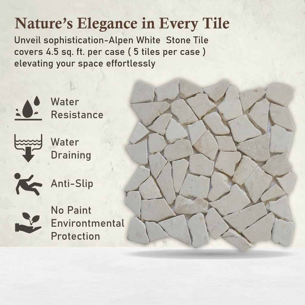 Alpen White Random Mosaic, Tumbled Stone Back Splash Tiles Walls, Shower and Bathroom Floors, and Outdoor Areas