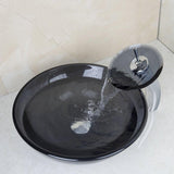 Vessel Sink Tempered Glass Round Bowl and Mixer Waterfall Faucet Drain Combo Set Grey Color