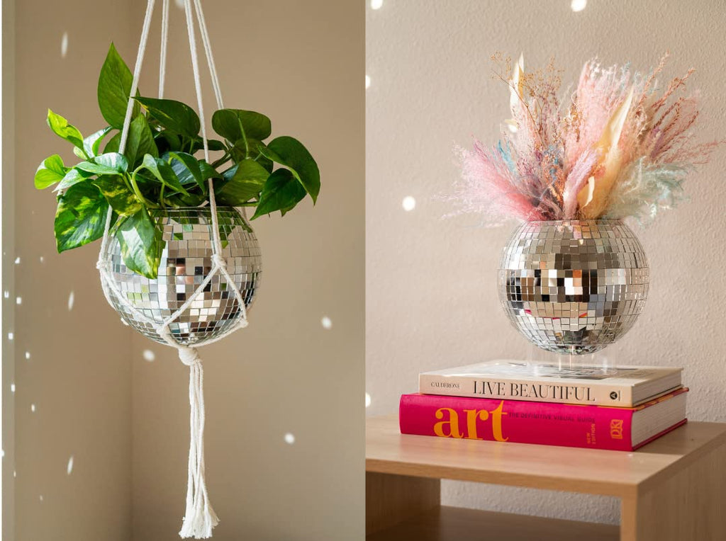 Disco Ball Planter 8" with Acrylic Base and Cotton Macrame Plant Hanger - Décor, Room Décor, Boho Décor, Disco
