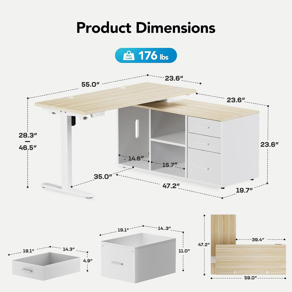 55′′ L Shaped Standing Desk with Drawers, Adjustable, Light Walnut | Electric Executive Desk with File Cabinet Sets