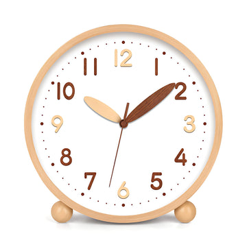 Wooden Table Clock, 8in Silent Non-Ticking Desk Clock, Battery Operated Desktop Analog Clock Bedroom Kitchen Office