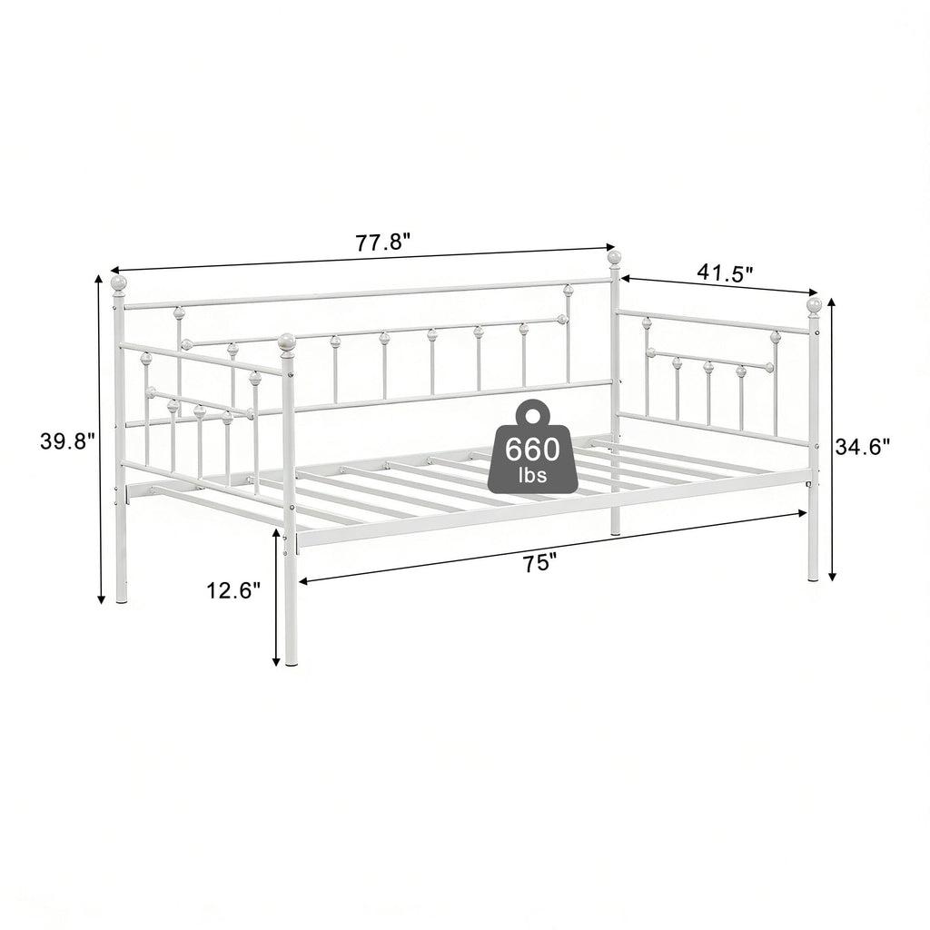 Twin Size Daybed Frame Metal Steel Slat Support with Headboard Sofa Bed Platform, Guest Room, Easy Assembly, White
