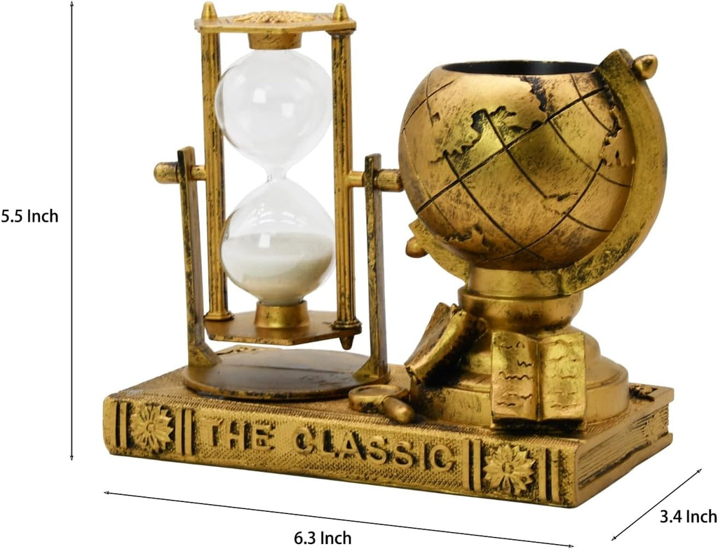 Globe-Themed Pencil Holder with Hourglass, Resin Desktop Organizer & Study, Pen Holder with Sand Timer, Classic Globe