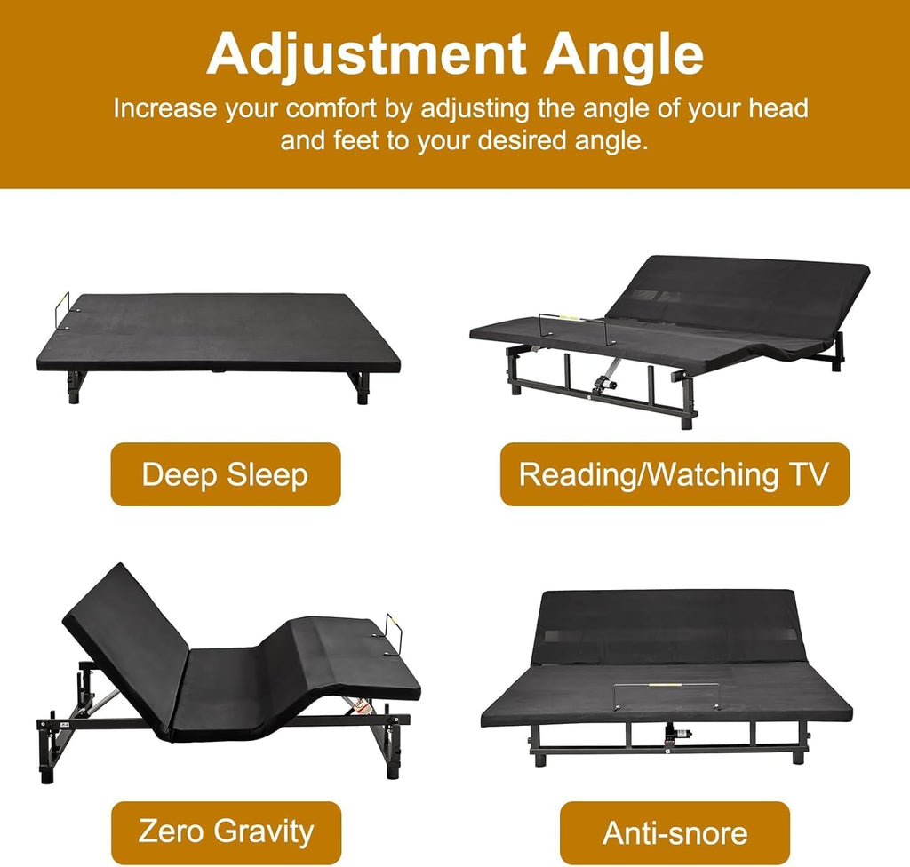 King Adjustable Bed Frame with Remote, Head & Foot Incline, Zero Gravity, 4 USB Ports & Under-Bed Nightlight, Quiet