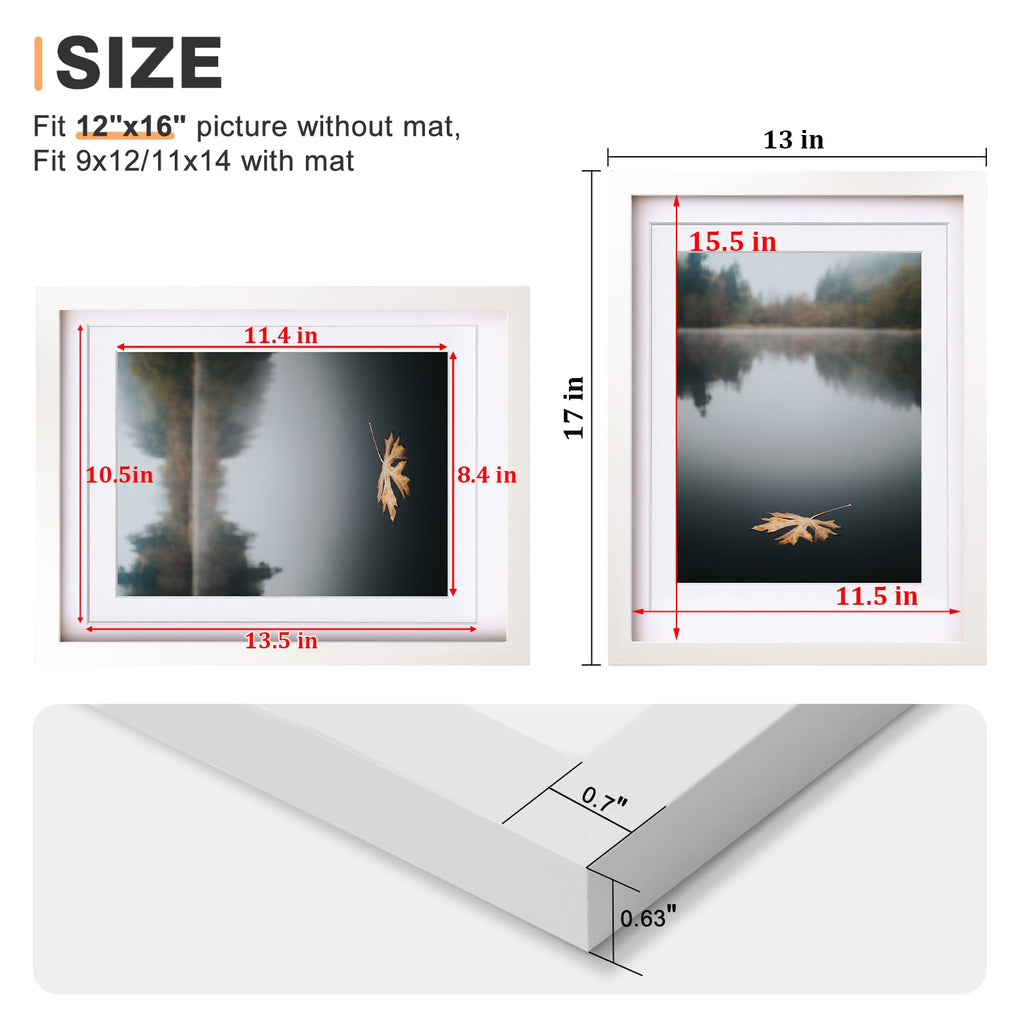 12x16 Picture Frame White Covered by Plexiglass Made of Solid Wood, Display Pictures 9x12 and 11x14 with Mat or 12x16