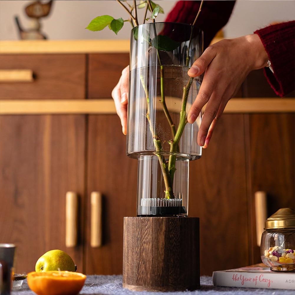Artistic Wood Glass Vase, 10" H, Wooden Base Cylindrical Flower Vase, Classic Boho Rustic Style for Fireplace