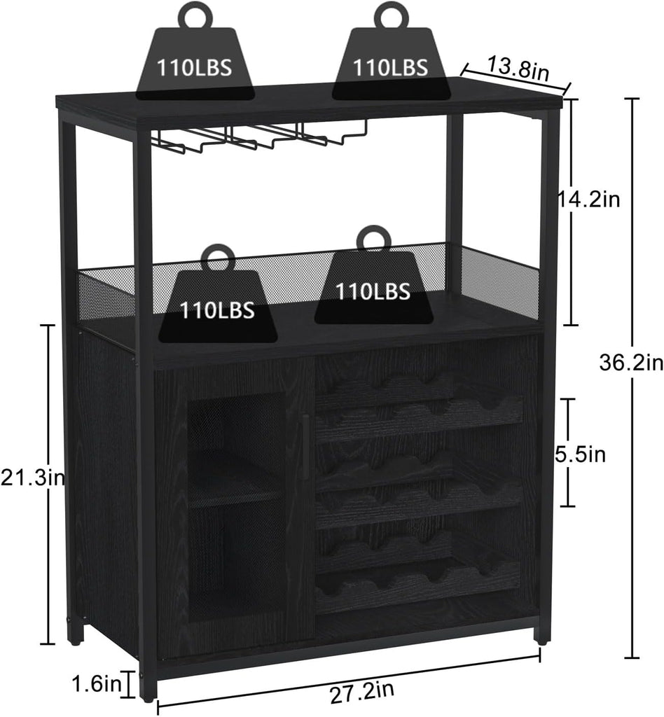 Coffee Wine Bar Cabinet with Storage and Detachable Rack | Farmhouse Sideboard and Buffet Cabinet with Glass Holder