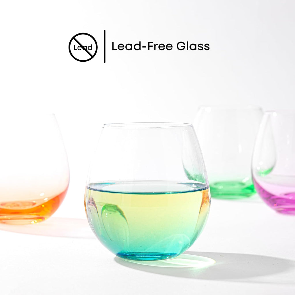 Hue Stemless Wine Glass Set, Large 15 oz Stemless Wine Glasses Set of 6 for White Red or Water, Short Glass Tumblers