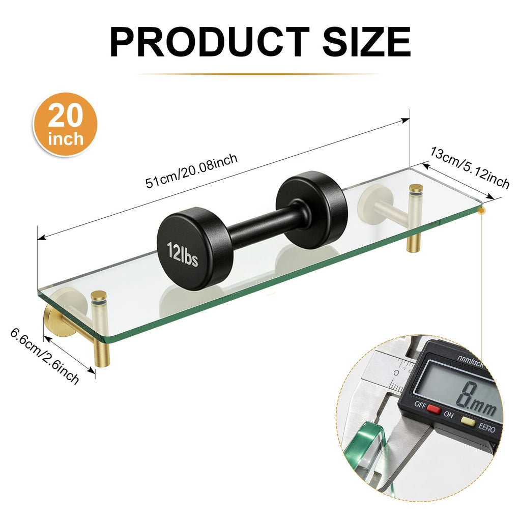 20 Inch Glass Shelf Brushed Gold Floating Wall Shelves