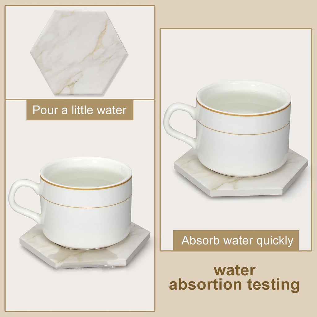 White Marble Coaster Set with Holder Hexagon Ceramic Coasters Absorbent Coasters Drink Coasters Set for Coffee - Set of 6