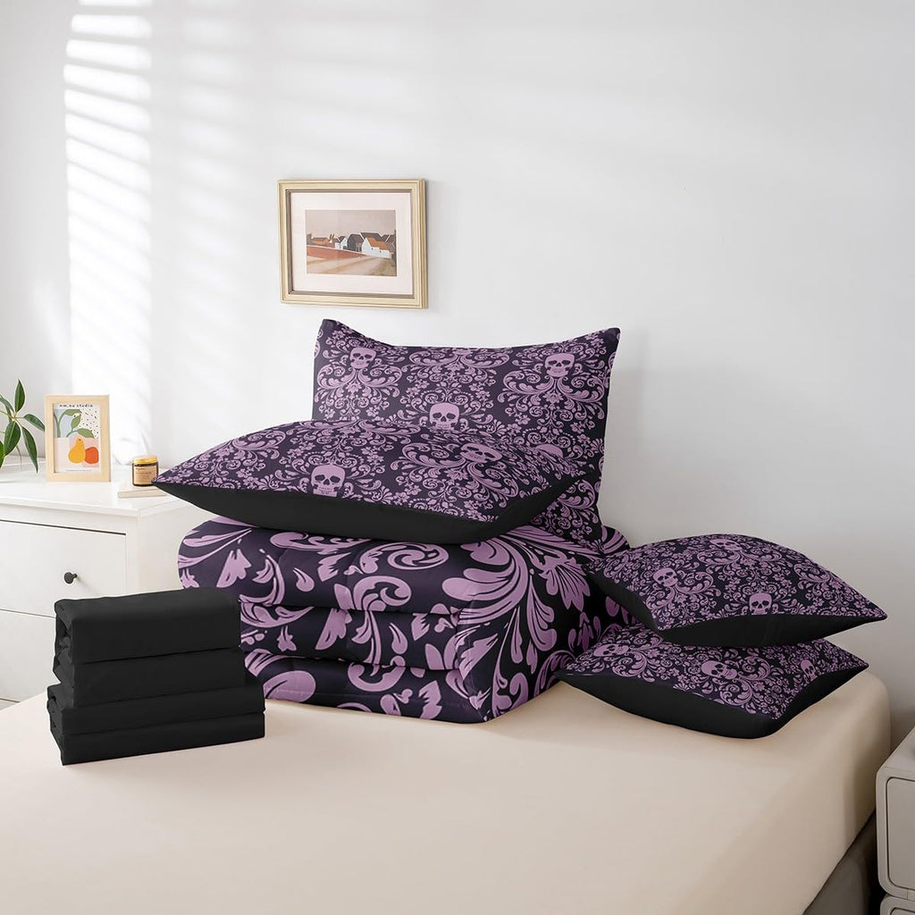 Damask Gothic Bedding Set Adults Antique Victorian Comforter Set 7 Piece Bed in a Bag Twin, Purple Sugar Skull Sheet