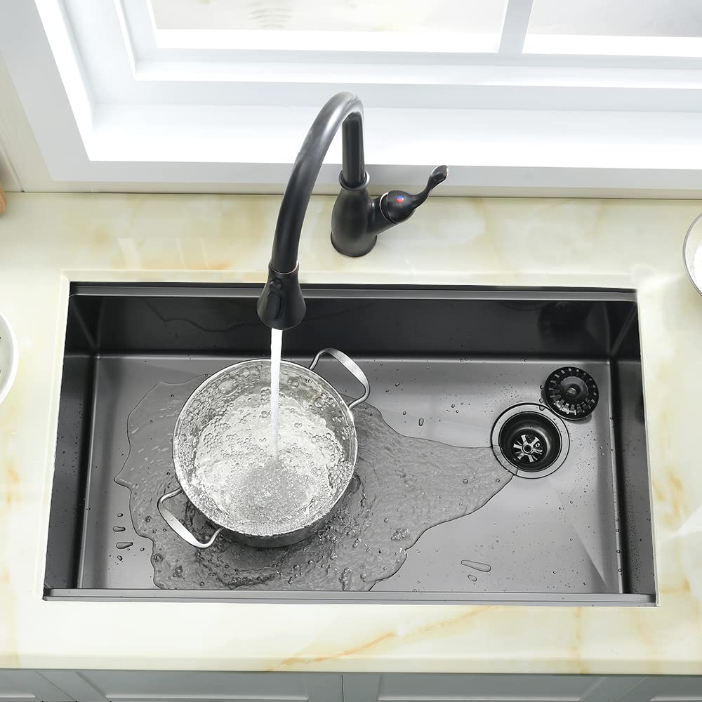 33 Inch Black Undermount Kitchen Sink Offset Drain, 33x19 Undermount Workstation Sink 16 Gauge Stainless Steel Single