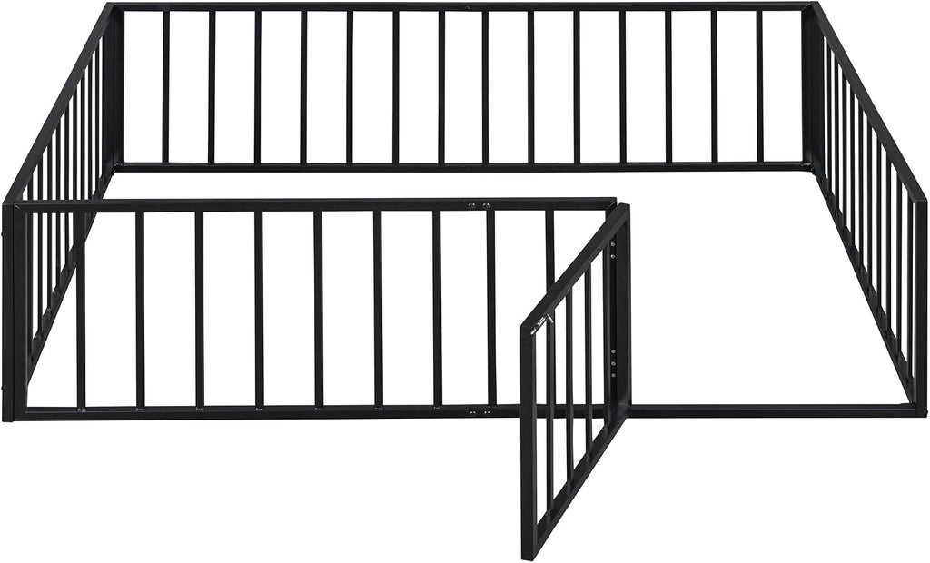 Floor Bed with Fence and Door, Heavy Duty Metal Montessori Floor Bed with Rails, Low-Profile Montessori