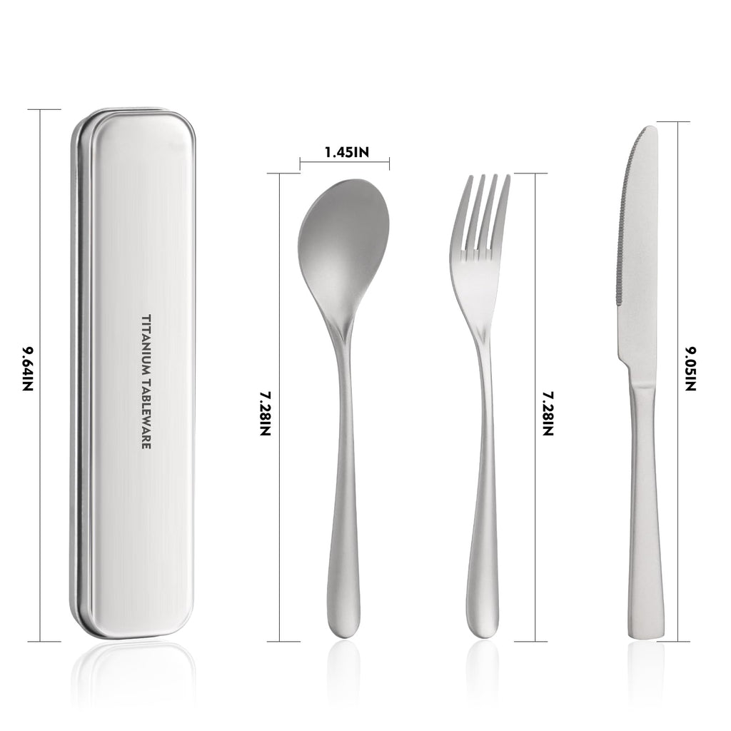 Titanium utensil travel set, portable lunch silverware set with box, including titanium spoon, fork, knife, reusable