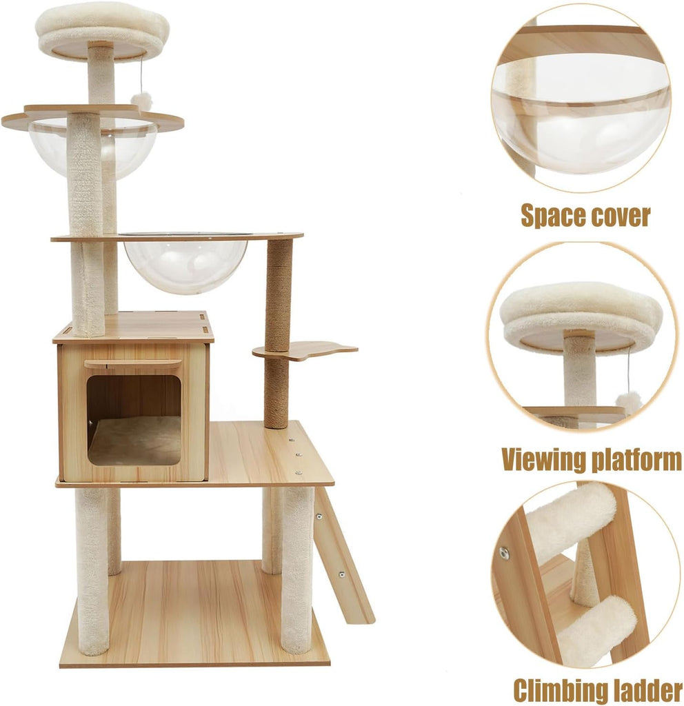 Wood Cat Tree, Modern 5-Tier Wooden Cat Tree, Wooden Tower with Acrylic Space Capsules & Sisal Scratching Post