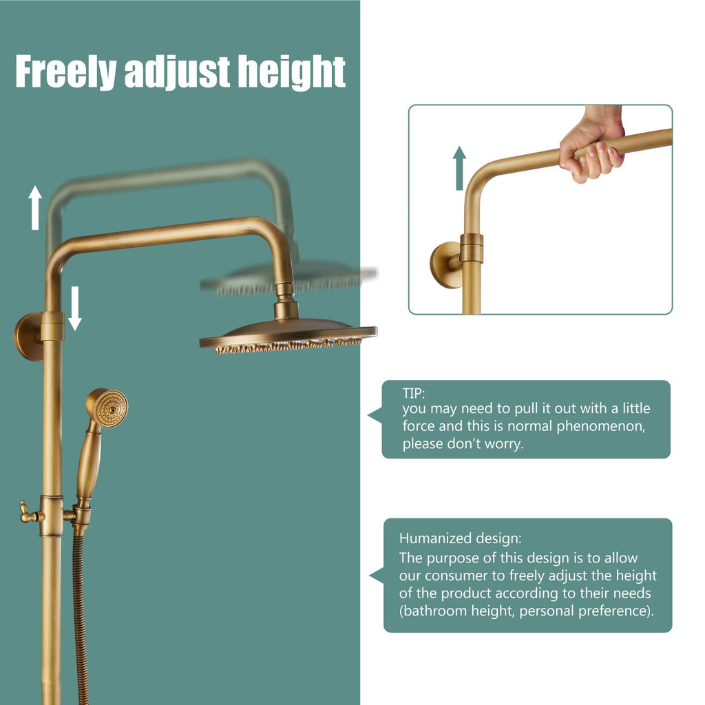 Dual Shower System, 8 Inch Rain Head, Handheld, Antique Brass