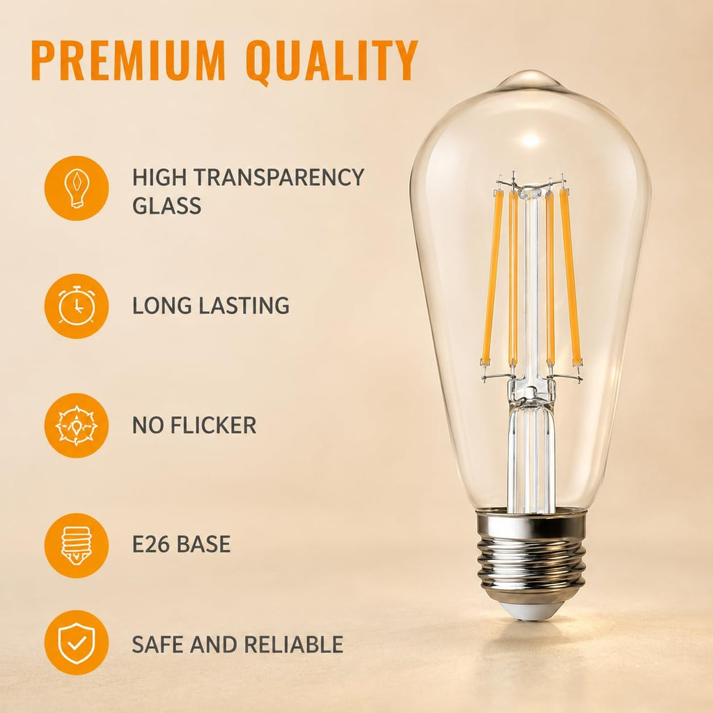 ST58 E26 LED Bulbs,8W Equivalent 100W,Dimmable,2700K Warm White,4 Pack