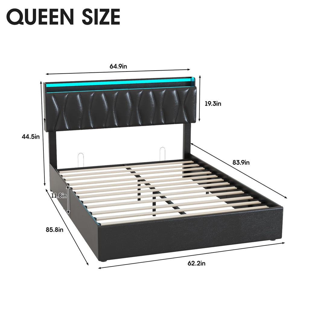 Queen Size Lift Up Storage Bed Frame with Adjustable Headboard, Charging Station, LED Lights, Wood Slats, Noise-Free