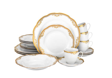 24-pc Luxury Dinnerware Set with Scalloped Edges 24K Gold Ornament, HQ Dining Tableware Service for 4