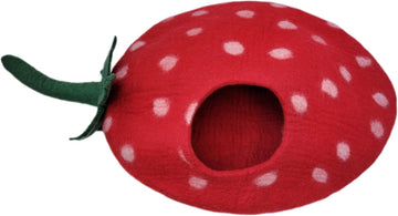 Strawberry Cat Cave with Mouse, Large Wool Felt Bed Handcrafted in Nepal