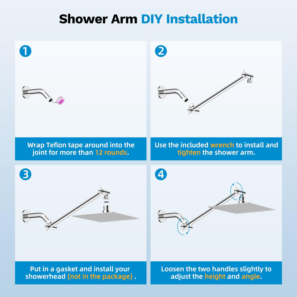 All Metal 11" Shower Head Extension Arm, Adjustable Shower Head Extender