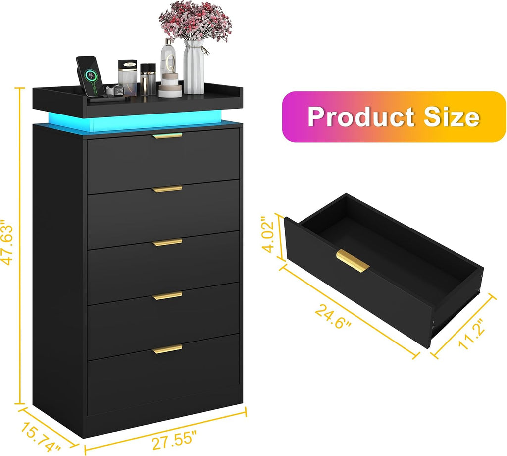 Tall Dresser , Black Dresser with LED Lights, Wood 5 Drawer Chest with Power Outlet, Modern Chest of Drawers