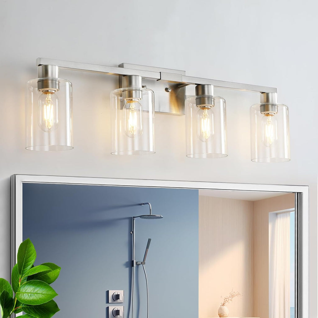 4 Light Bathroom Light Fixtures, Brushed Nickel Modern Bathroom Vanity Light with Clear Glass Shade, Bathroom