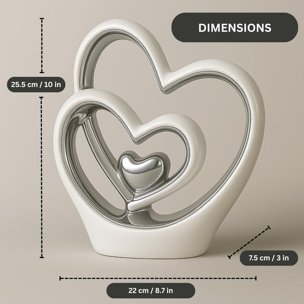 Silver Heart Ornament - Elegant Ceramic Couple Sculpture - White & Silver Tabletop Decor - Romantic Centerpiece or