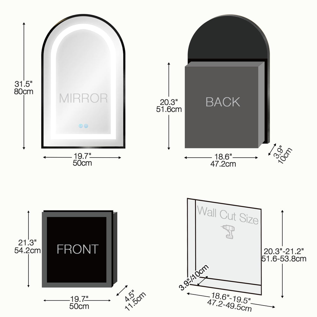 Arched Medicine Cabinet with LED Lights, Lighted Bathroom Medicine Cabinet Mirror with Anti-Fog, No Assembly