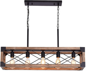 Kitchen Island Lighting, 33.5-Inch 5 Lights Farmhouse Linear Chandelier Pool Table Pendant Light Fixture, Rustic Wood