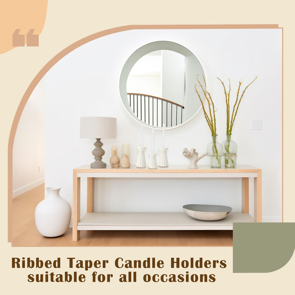Set of 3 Ceramic Taper Candle Holder Cream White, Matte Fluted
