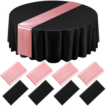 8 Pcs Black and Rose Gold Round Tablecloth and Satin Runner Set