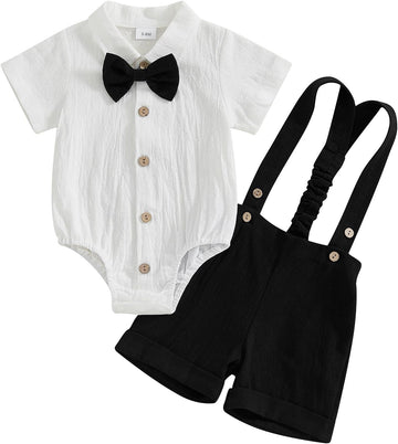 Newborn Baby Boy Gentleman Outfit Suit Short Sleeve Romper Suspender Shorts