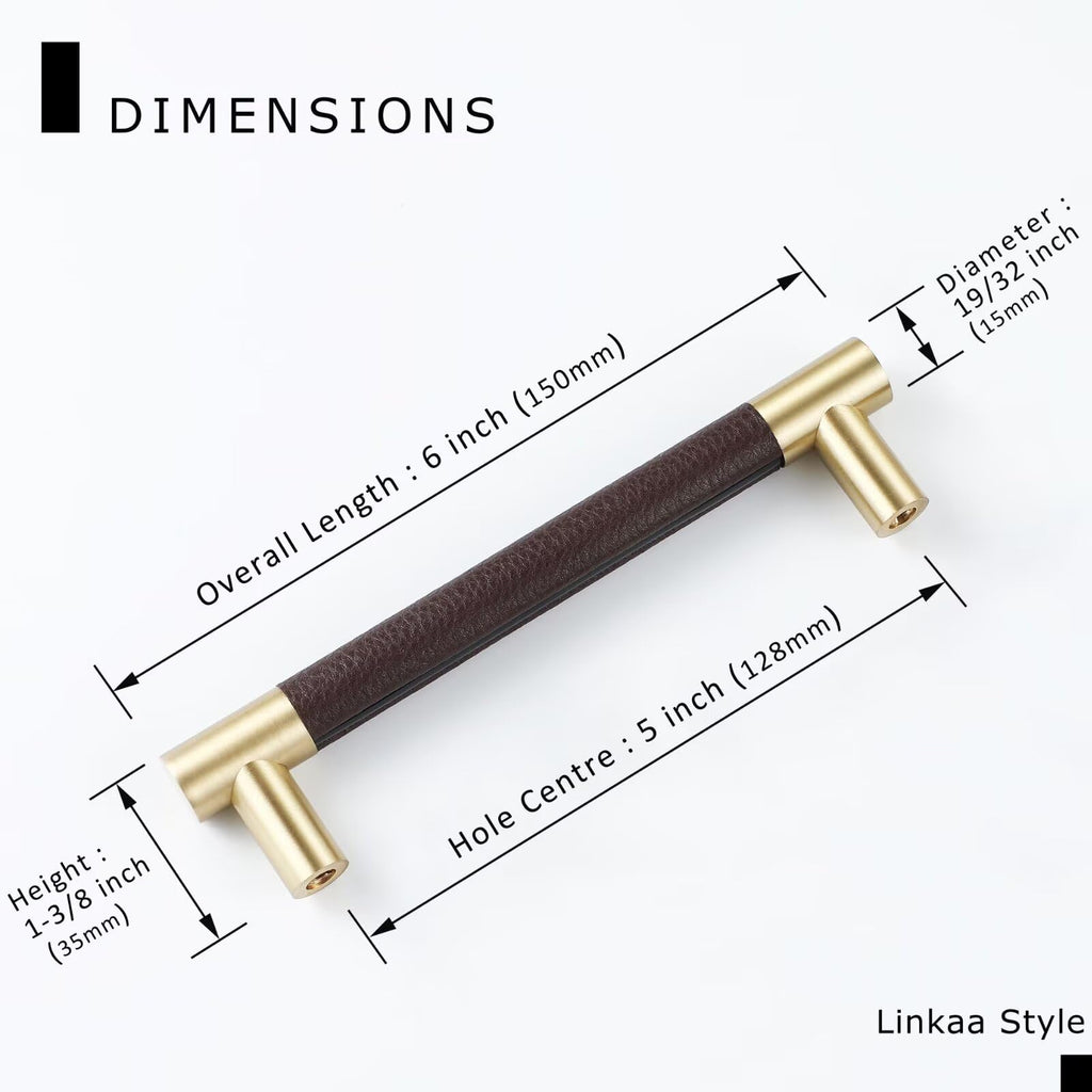 Brown Leather and Gold Cabinet Handles Pulls Knob 5''(128mm),15 Pack