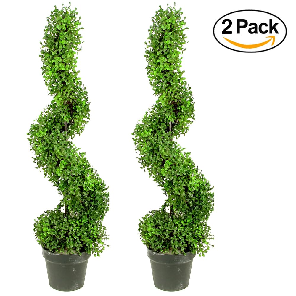 36" Artificial Boxwood Spiral Topiary Tree in Plastic Plant Pot - Decor, Indoor, Outdoor, Crafts, Offices - Set of 2