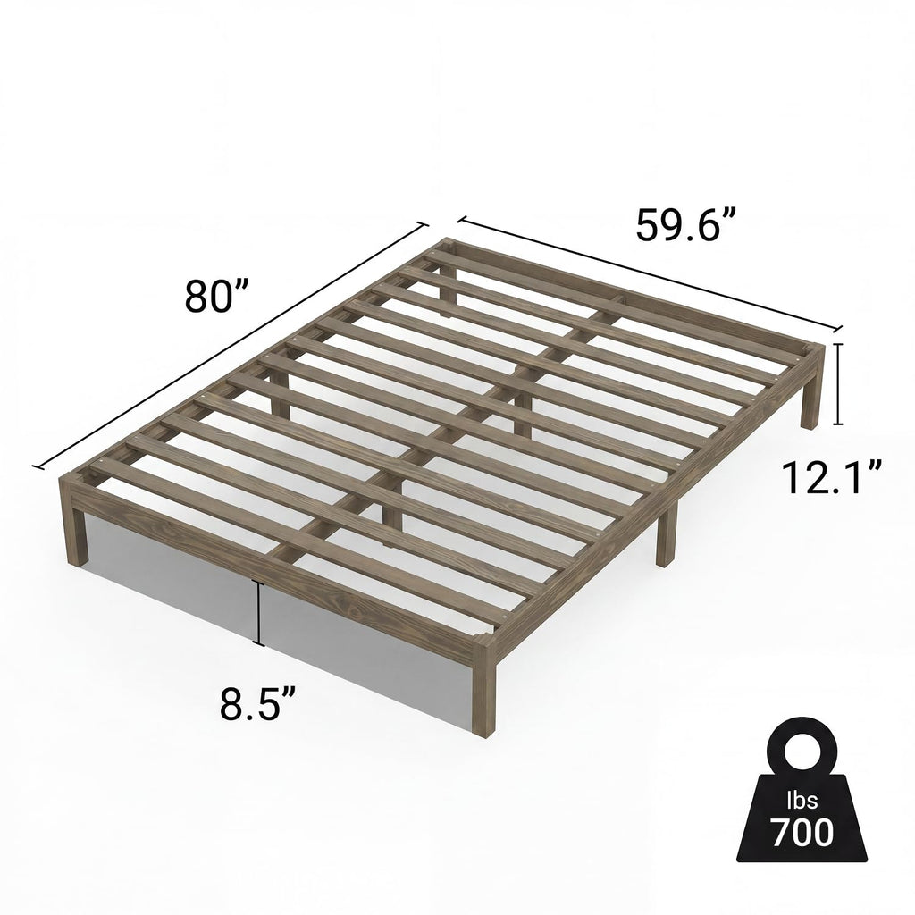 Queen Bed Frame Classic Solid Pine Wood Platform, Noise Free, Under Bed Storage, No Box Spring Needed, Easy Assembly