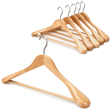 Set of 6 Luxury Natural Wooden Coat Hangers, Premium Wood Suit Hangers, Glossy Finish with Extra-Wide Shoulder