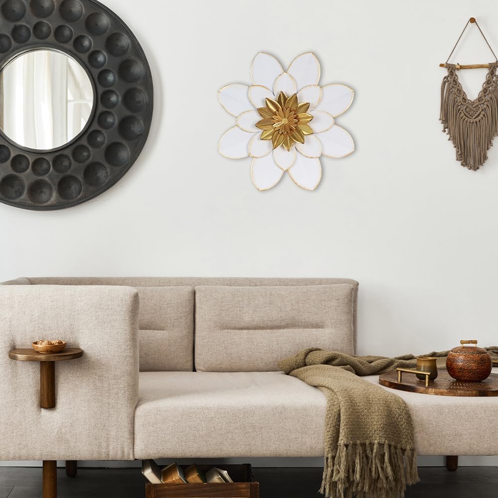 Metal Flower Wall Decor, 16" White Gold Floral Metal Wall Art Outdoor, Boho Farmhouse Modern Wall Decor, Porch