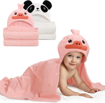 Toddler Bath Towels Age 1-2, Soft Absorbent Animal Hooded Towel for Kids Girls, 2 Pack 50" x 32" Large Thick Baby
